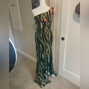 City Studio Green and Gold Sequin Prom Dress